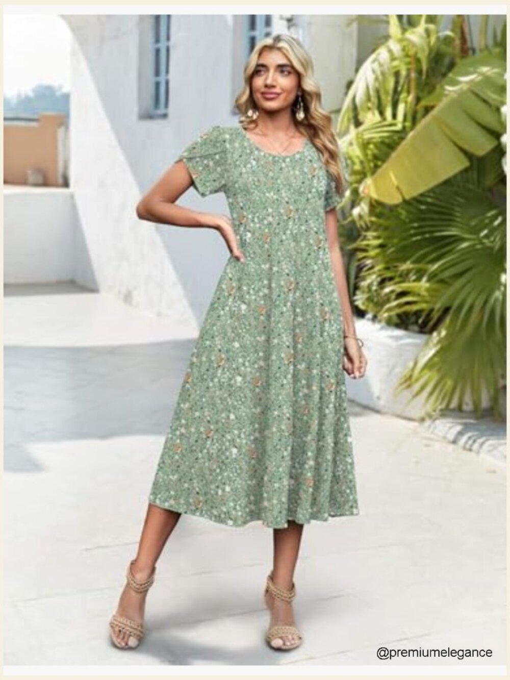 Loose Fit Midi Dress with Petal Sleeves, A-Line Flare, Two Pockets - Picture 2 of 7